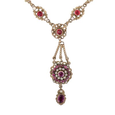 Antique Gilt Metal Faux Seed Pearl Crystal Rhinestone Lavalier Necklace