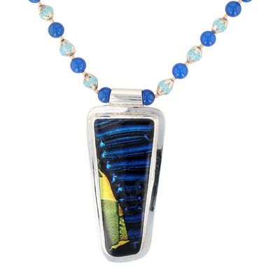 Signed Sterling Silver Dichroic Glass Chalcedony Rhinestone Beaded Statement Necklace