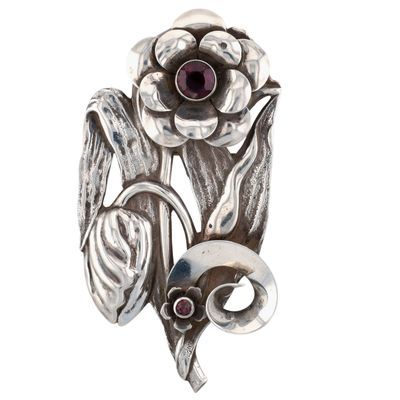 Vintage Sterling Silver Rhinestone Pressed Double Poppy Brooch