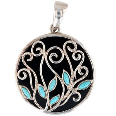 Whitney Kelly Sterling Silver Turquoise Onyx Carved Leaf Swirl Pendant