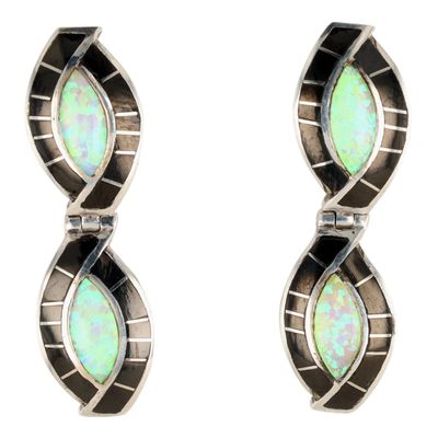 Southwest Sterling Silver Opal Onyx Inlay Hinged Stud Earrings