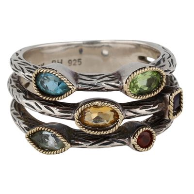 Effy 18K Yellow Gold Sterling Silver Multi Gemstone Band Ring Size 7.5