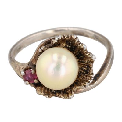 Signed Vintage Sterling Silver Ruby Pearl Blooming Ring Size 5.5