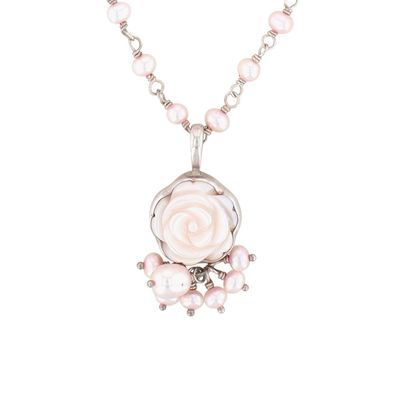 Signed Sterling Silver Pearl Carved Rose Dangle Necklace