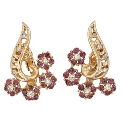 Coro Gold Tone Metal Rhinestone Floral Earrings