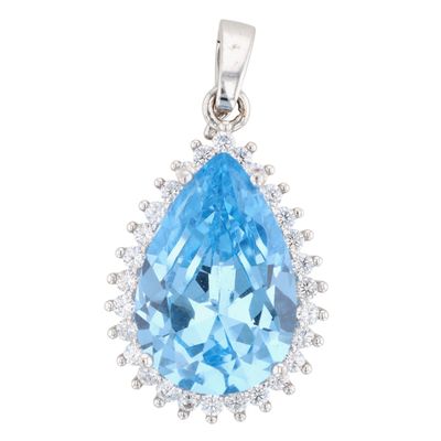 Tova Sterling Silver Blue Topaz CZ Pear Cut Halo Pendant
