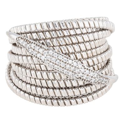 Signed Italy Sterling Silver CZ Multi Strand Spring Band Ring Size 6.5