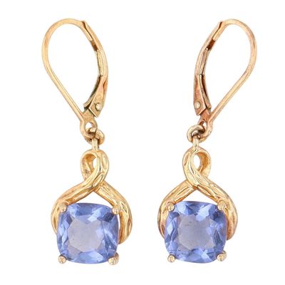 Signed Gold Over Sterling Silver Blue Rhinestone Drop Earrings