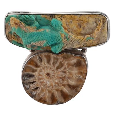 Sterling Silver Carved Turquoise Ammonite Lizard Clip Slide Pendant