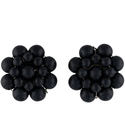 Japan Silver Tone Black Bead Cluster Earrings