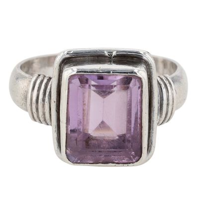 Sterling Silver Amethyst Emerald Cut Solitaire Ring Size 8.25