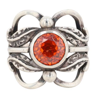 Signed USSR 875 Silver Orange Crystal Leaf Statement Ring Size 8
