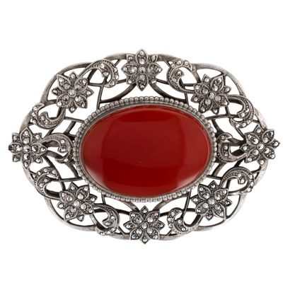 Antique Sterling Silver Carnelian Marcasite Floral Art Deco Brooch