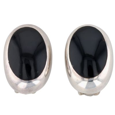 Taxco Mexico Sterling Silver Onyx Inlay Oval Earrings