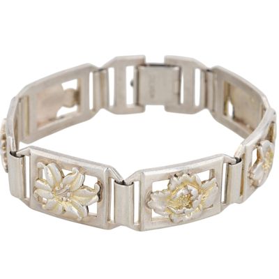 Vintage Sterling Silver Gold Over Silver Detail Floral Panel Bracelet