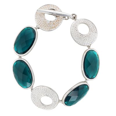 Liz Claiborne Silver Tone Metal Green Rhinestone Linked Oval Bracelet