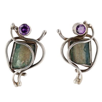 Signed Sterling Silver Amethyst Roman Glass Organic Line Stud Earrings