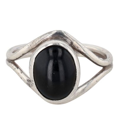 Signed Sterling Silver Onyx Oval Split Shank Ring Size 6