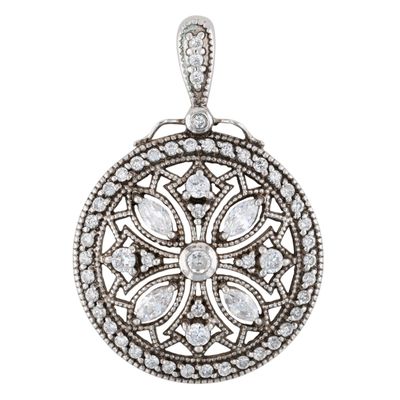 Signed Sterling Silver CZ Open Work Floral Pendant