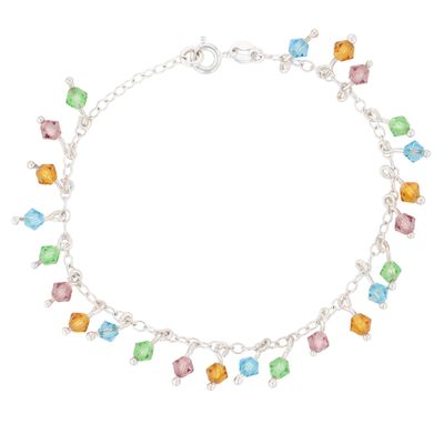 Mexico Sterling Silver Multi Colored Rhinestone Bead Bracelet