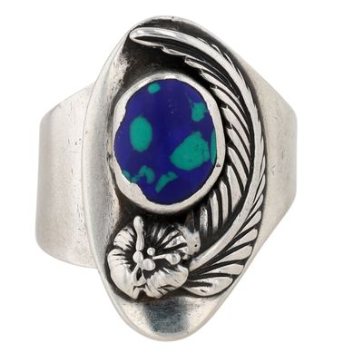 Signed Southwest Sterling Silver Azurite Malachite Leaf Adjustable Ring