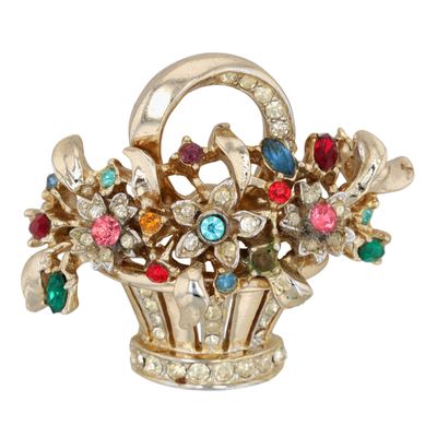 Coro Vintage Gold Tone Rhinestone Floral Basket Brooch