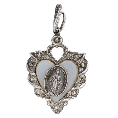 Theda Sterling Silver Mother of Pearl Marcasite Immaculate Mary Heart Pendant