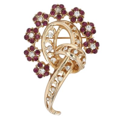 Corocraft Gold Tone Metal Rhinestone Floral Ribbon Brooch