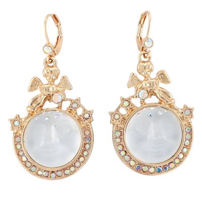 Kirks Folly Gold Tone Rhinestone Poured Glass Man On The Moon Dangle Earrings