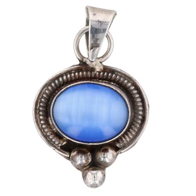 Signed Mexico Sterling Silver Blue Mother of Pearl Oval Pendant