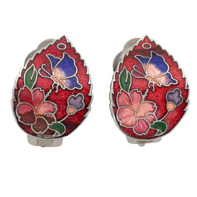 Gold Tone Cloisonne Enamel Floral Earrings