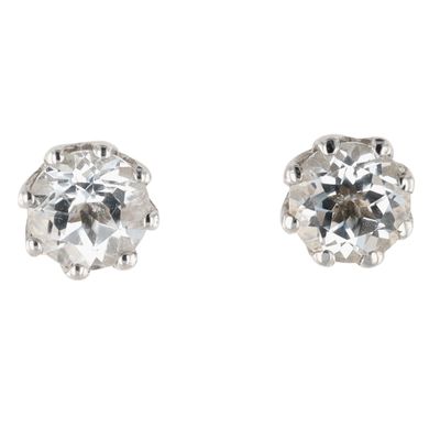 Signed Sterling Silver White Topaz Round Cut Solitaire Stud Earrings