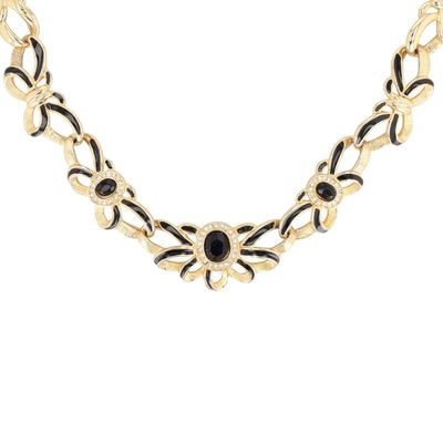 Gold Tone Rhinestone Enamel Ribbon And Bows Necklace