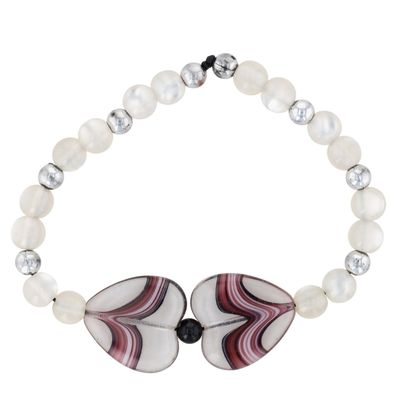 Vintage Stainless Steel Glass Bead Heart Stretch Bracelet