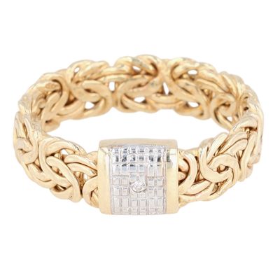 Signed Turkey Gold Over Silver Diamond Byzantine Chain Band Ring Size 10.75