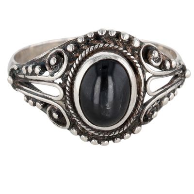Sterling Silver Hawks Eye Granulated Oval Ring Size 7