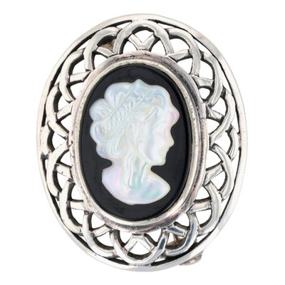 Sterling Silver Mother Of Pearl Carved Cameo Woven Brooch