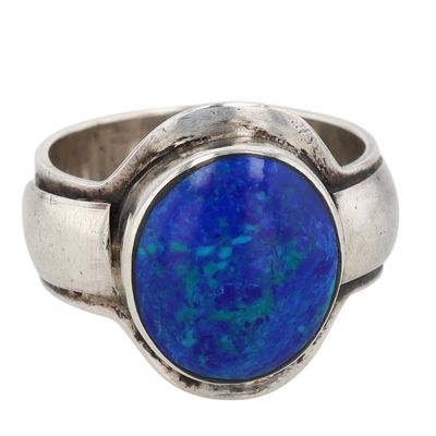 950 Silver Azurite Malachite Oval Thick Band Ring Size 7.5