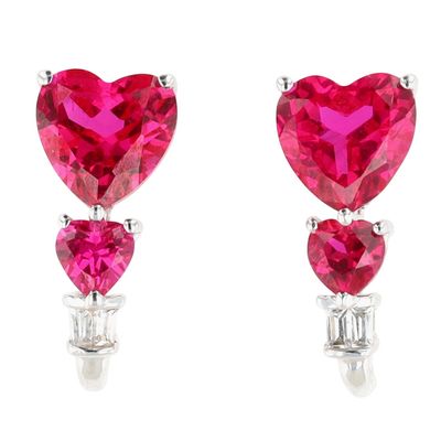 Signed 10K White Gold Ruby Sapphire Double Heart Stud Earrings