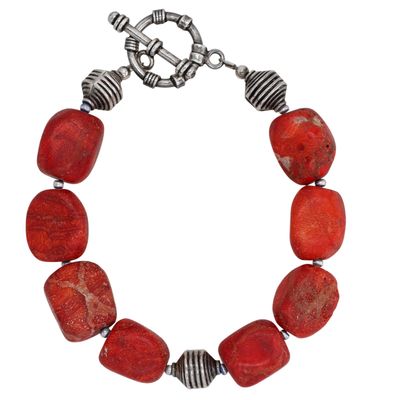 Sterling Silver Sponge Coral Beaded Toggle Clasp Bracelet