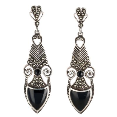Sterling Silver Onyx Marcasite Deco Shield Dangle Stud Earrings