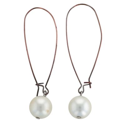 Silver Tone Faux Pearl Dangle Oval Hoop Earrings
