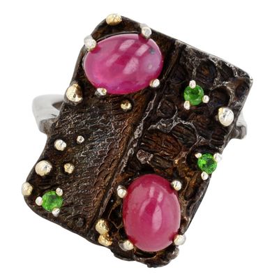 14K Yellow Gold Sterling Silver Ruby Emerald Modern Ring Size 8.75