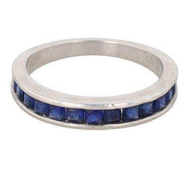 Signed Sterling Silver Blue Sapphire Channel Set Band Ring Size 4.5