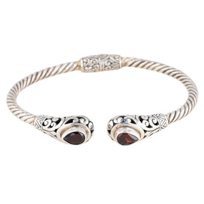 Sterling Silver Garnet Scroll Cut Hinged Cuff Bracelet