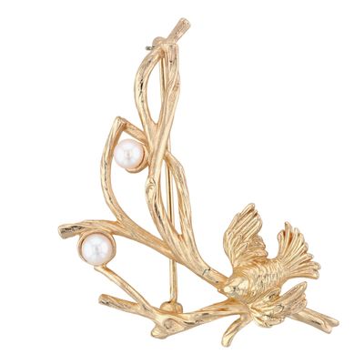 Napier Gold Over Sterling Silver Faux Pearl Bird In Branch Brooch