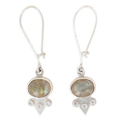 Sterling Silver Labradorite CZ Long Oval Drop Earrings