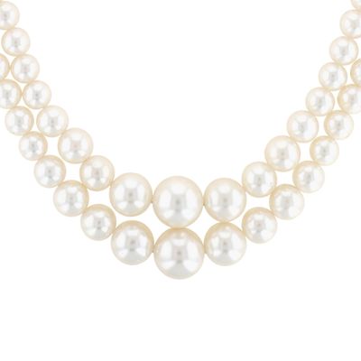 Japanese Silver Tone Metal Faux Pearl Double Strand Necklace