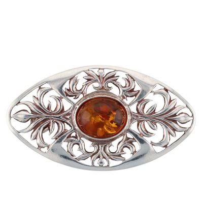 Vintage Nordic Sterling Silver Amber Organic Pierced Oval Brooch
