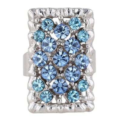 Silver Tone Blue Rhinestone Cluster Statement Adjustable Ring